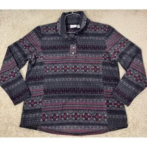 Vermont Country Store Fleece Pullover Womens L Snap Button Long Sleeve Geometric